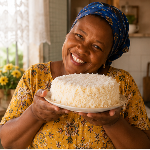 A autora segurando um bolo de coco