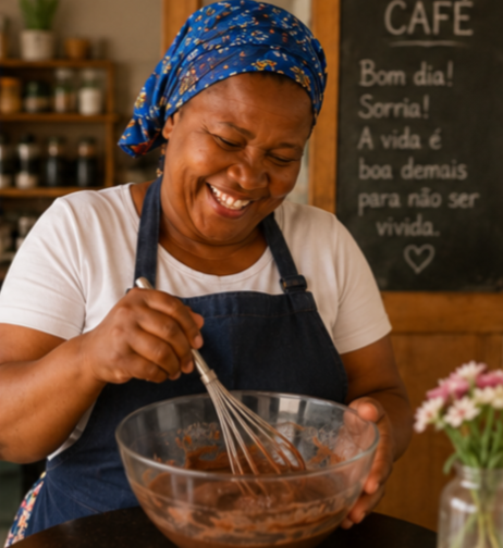 A autora preparando uma receita
