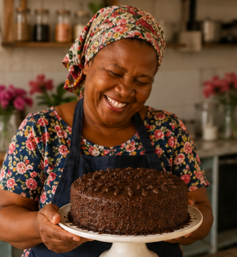 A autora com bolo de chocolate