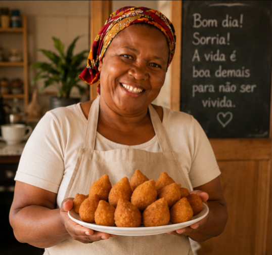 A autora com salgadinhos